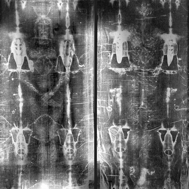 The Shroud of Turin photographed as a negative, front and back